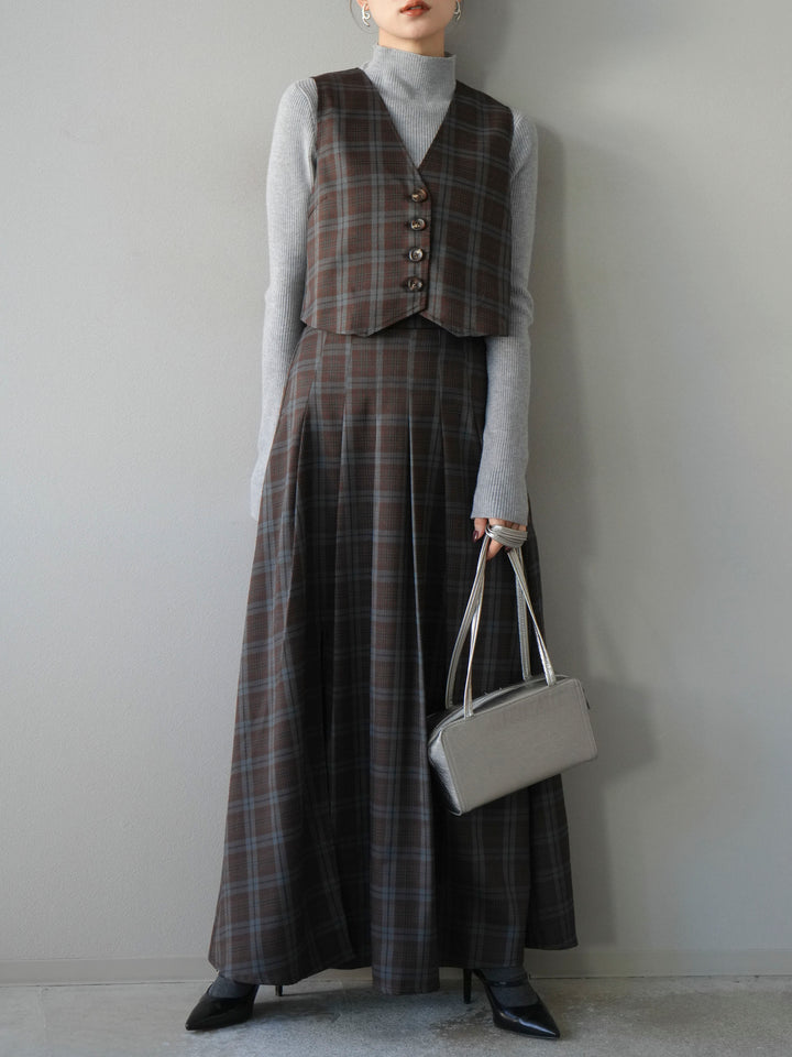 [予約]袖ボタンボトルネックリブニットトップス/杢グレー