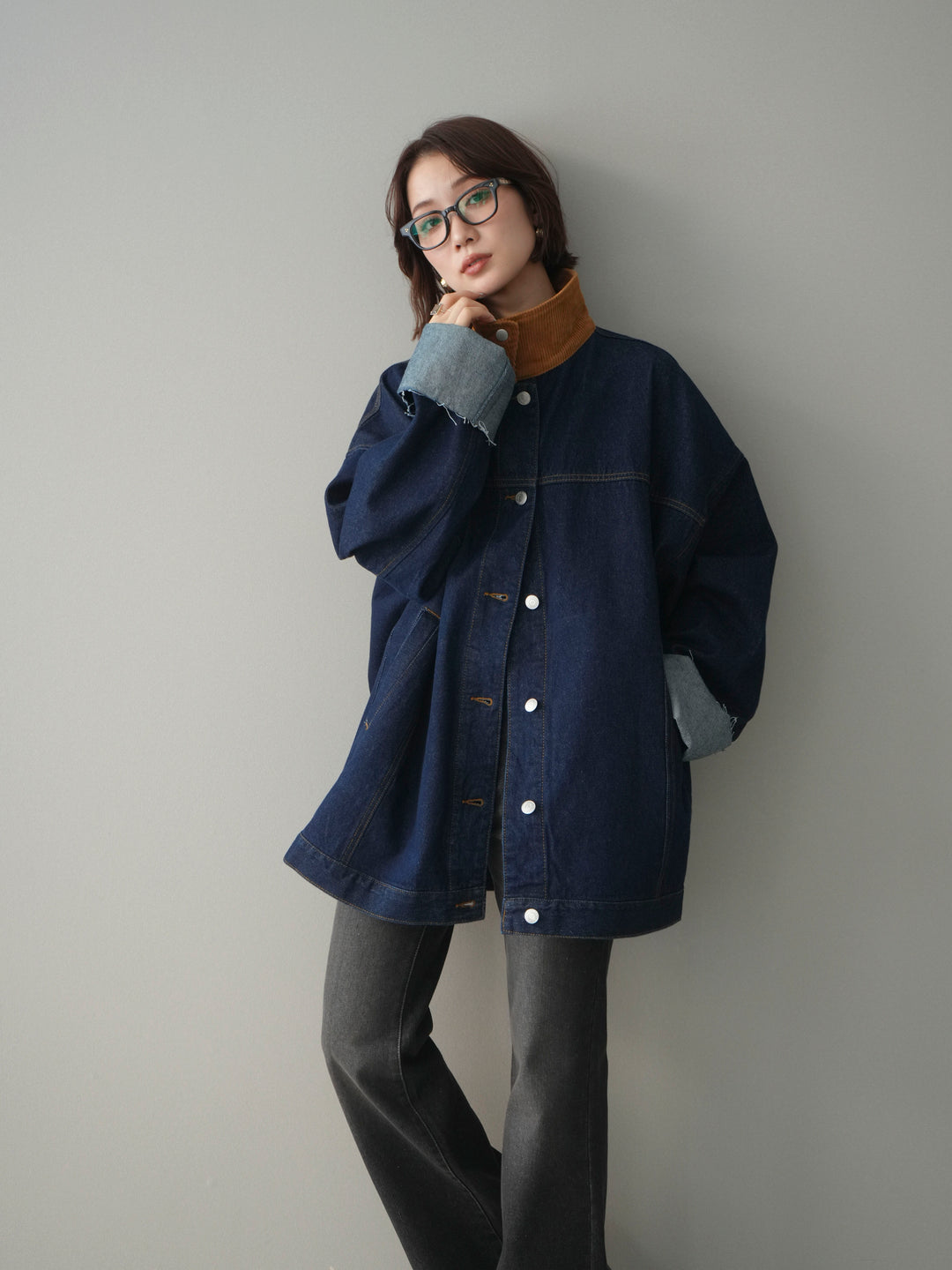 [SET]コーデュロイ×デニムミドルジャケット+フレアデニムパンツ(2set)