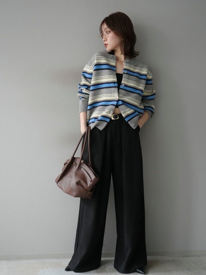 [SET]マルチボーダーニットカーディガン+ベルトループデザインワイドパンツ(2set)