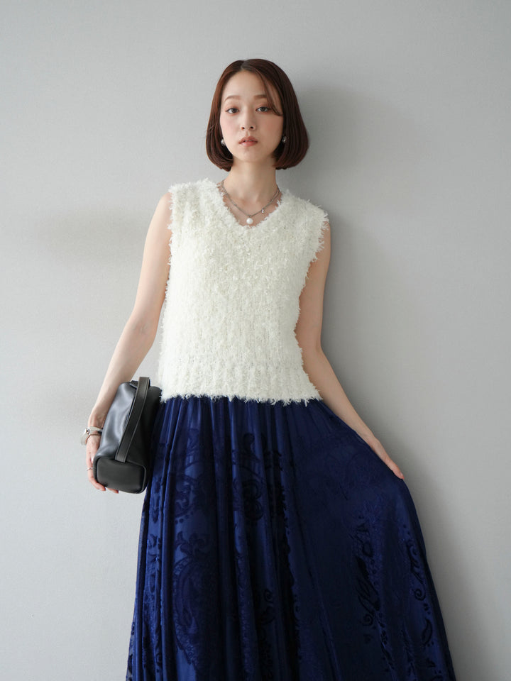 [SET]テープヤーンフリンジニットベスト+アンティーク柄フロッキーマキシスカート(2set)