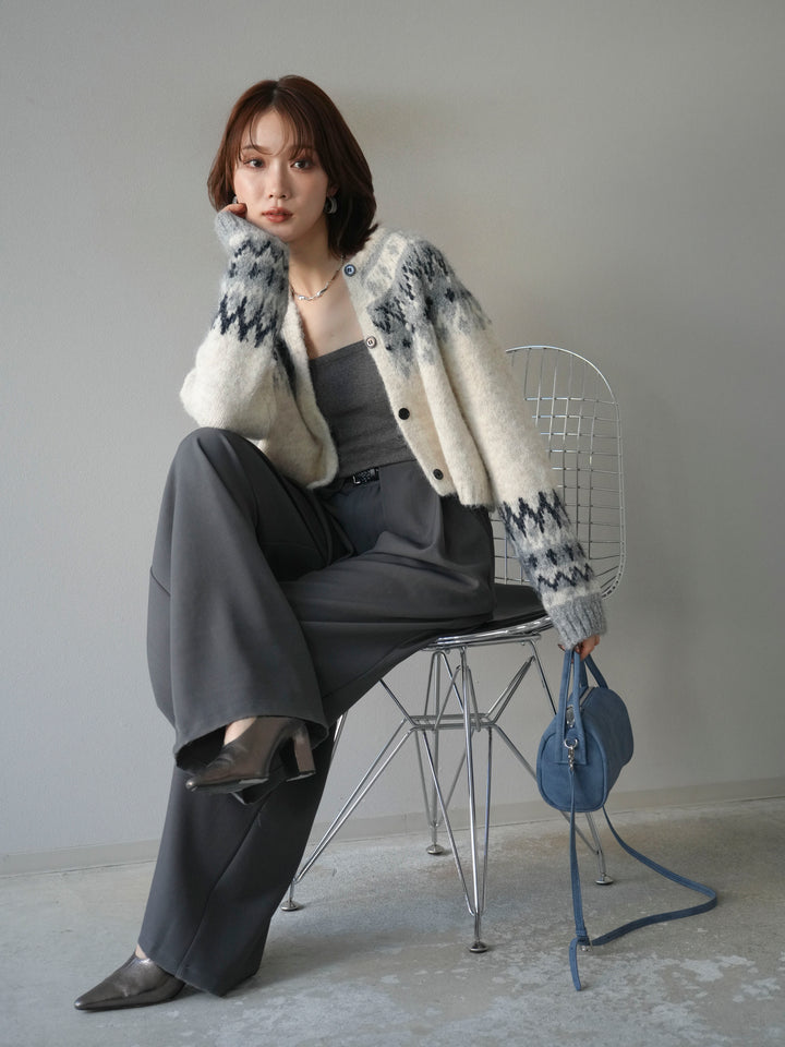 【着回しセット】[SET]求心柄クロップドニットカーディガン+ミックスヤーンペイズリー柄ニットカーディガン+ベルトループデザインワイドパンツ(3set)