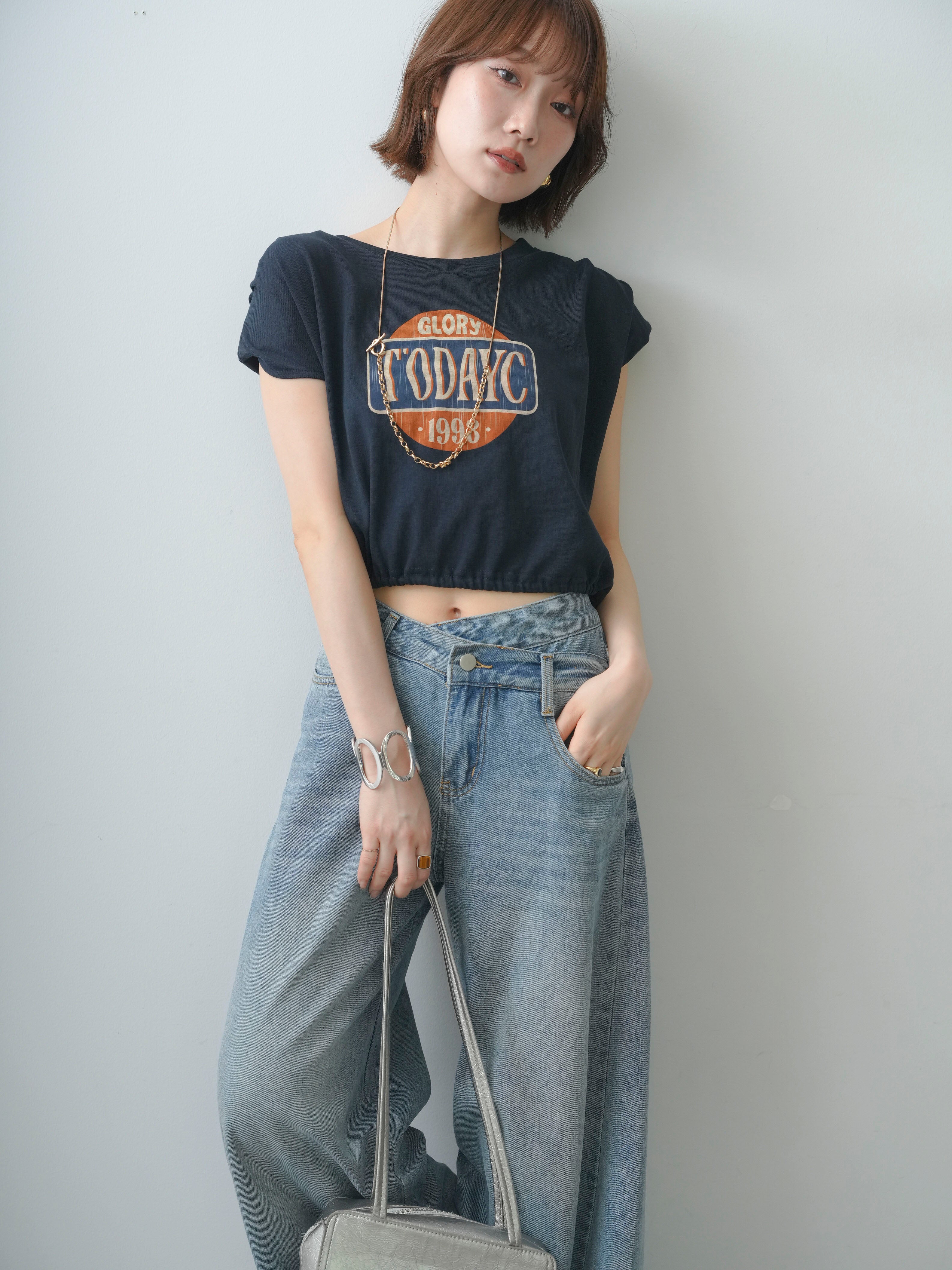 SET]ヴィンテージロゴドロストTEE+アシンメトリーウエストワイドデニム