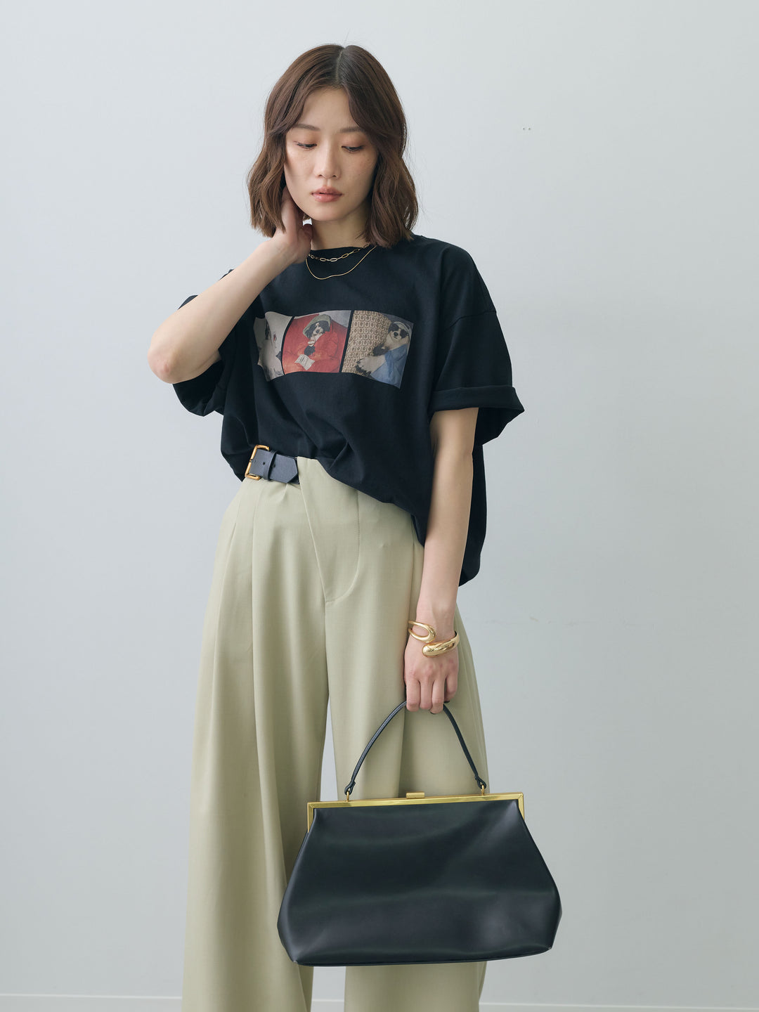 [SET]スリードッグフォトボックスTEE+アシンメトリーベルトタックワイドパンツ(2set)