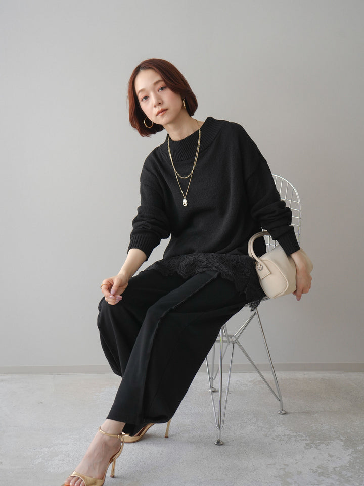 [SET]アシンメトリーレースヘムニットプルオーバー+2WAYデザインスウェットパンツ(2set)