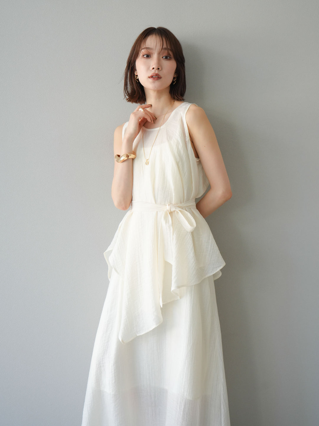 [SET]ワッシャーシアーアシメブラウス＆キャミワンピース+選べるアクセセット(2set)