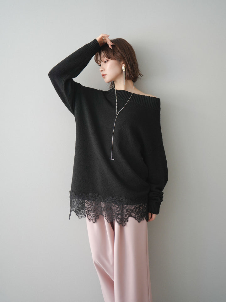 [SET]アシンメトリーレースヘムニットプルオーバー+ベルト付キーホルダーモチーフワイドパンツ(2set)