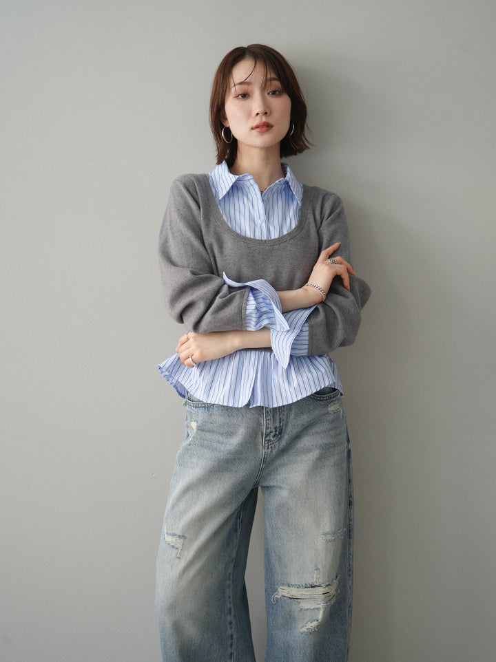 [予約]ストライプシャツUネックドッキングニットプルオーバー/graybluestripeA