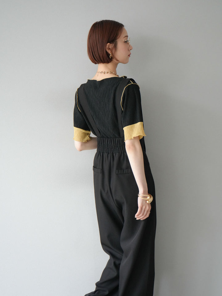 [SET]プリーツ配色ボートネックプルオーバー+ゴールドボタンサスペンダーワイドパンツ(2set)