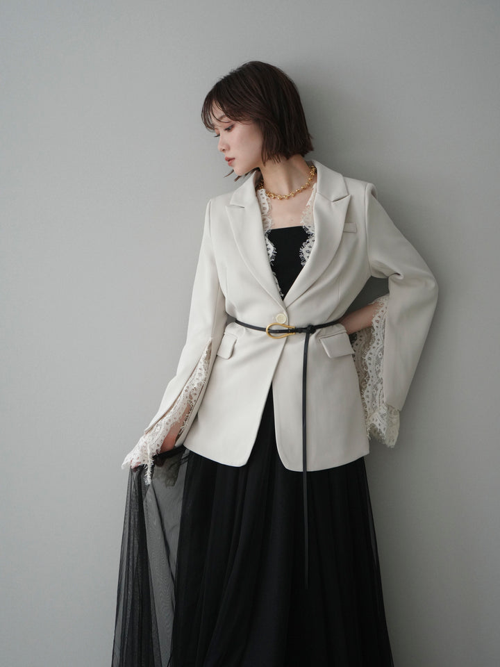 [SET]レースレイヤードスリットジャケット+チュールボリュームスカート(2set)