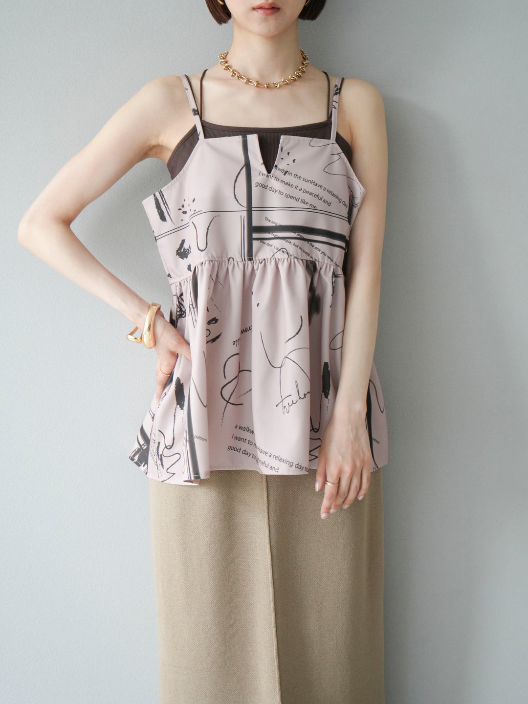 [予約]ペイント柄キャミソール/ベージュ