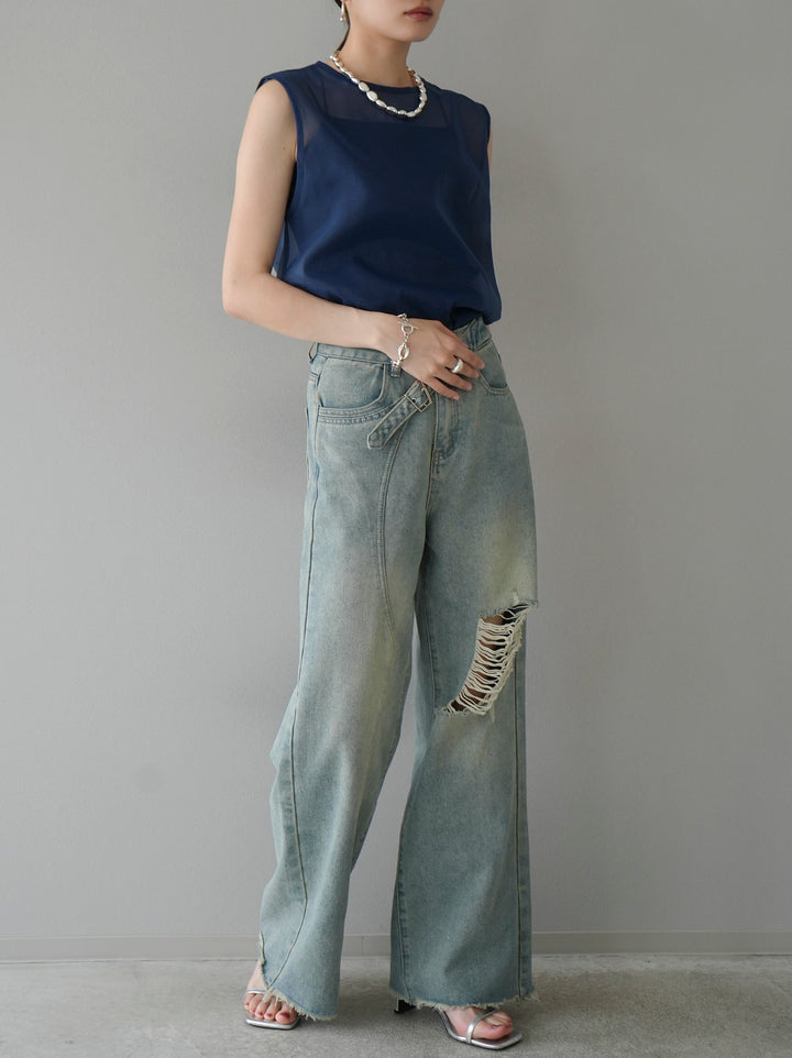 [SET] Organdy sleeveless top + belt asymmetrical damaged denim (2set)