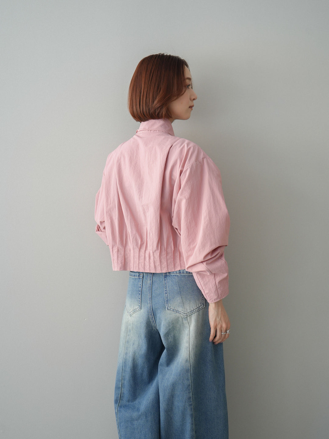 [SET]ボウタイ裾プリーツライトジャケット+フロントビジューカーブデニムパンツ(2set)