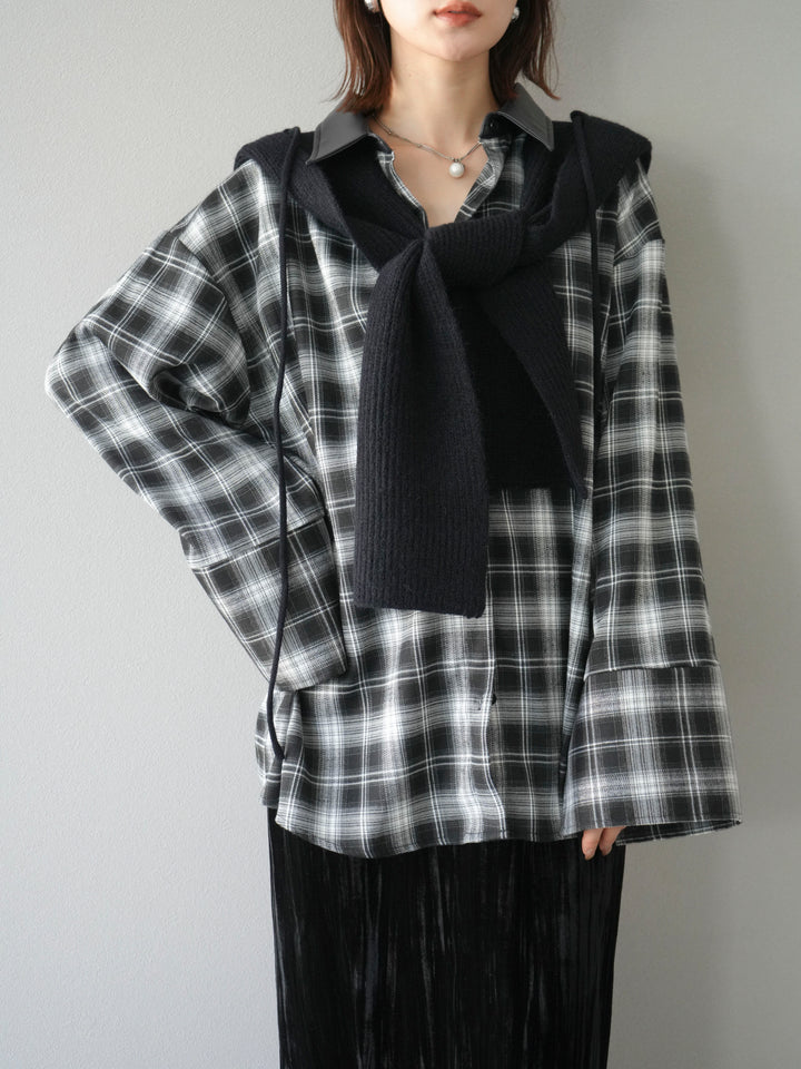 [予約]レザー襟オンブレチェックオーバーシャツ /ブラック