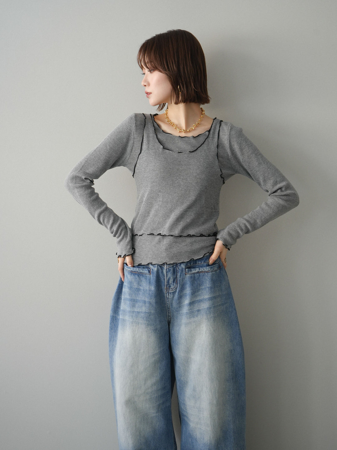[予約]バイカラーメローアンサンブルシアーニットトップス/gray