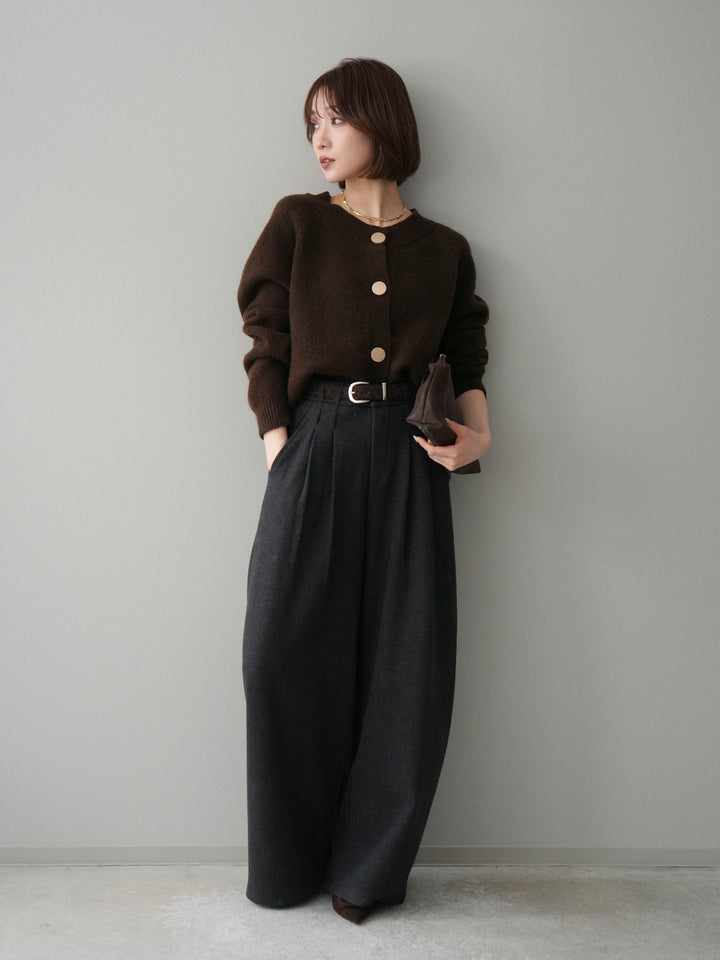 [SET]BIGボタンニットカーディガン+アニマル柄ベルト付きウールタッチワイドパンツ(2set)