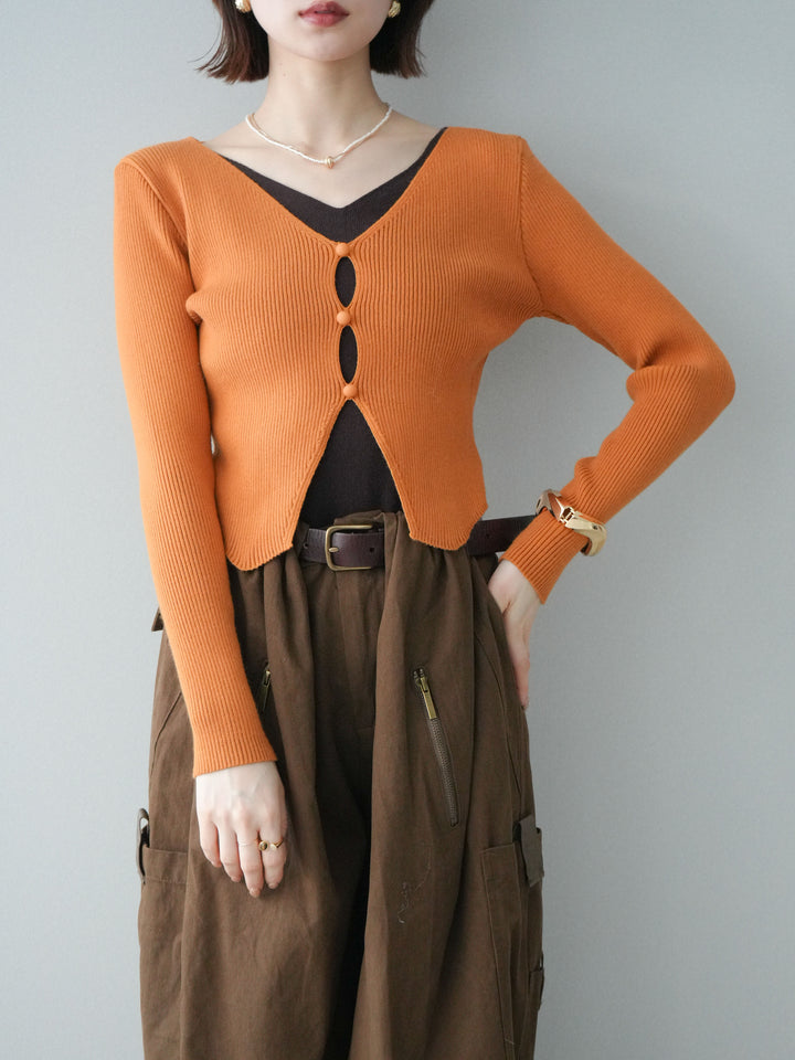 [SET]Vネック配色レイヤードスリットニットトップス+コットンタックループパンツ(2set)