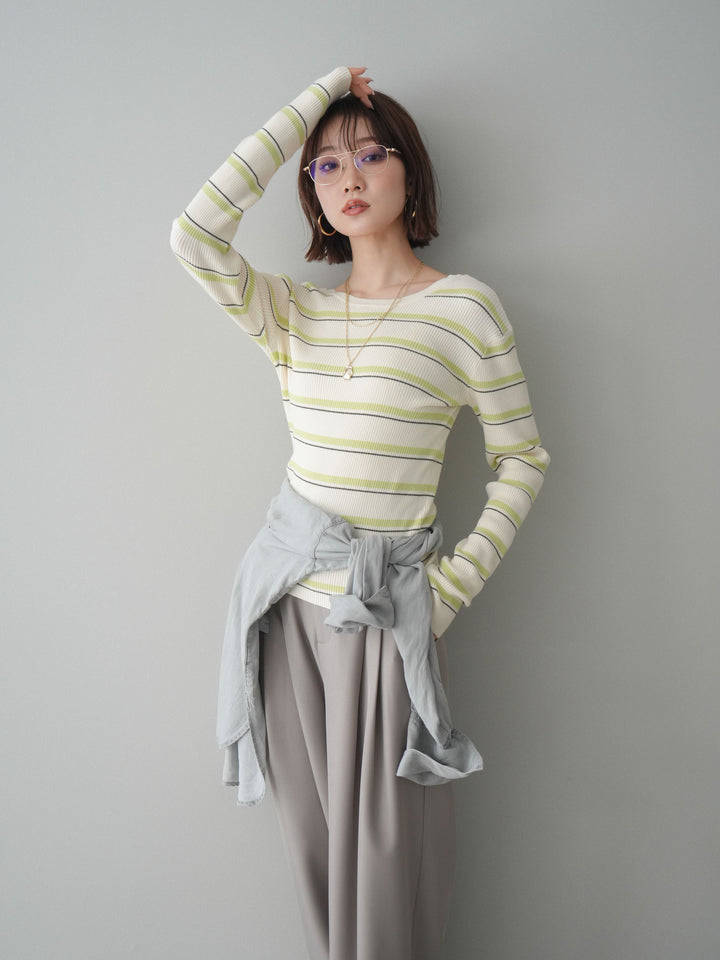 [予約]バックオープンテレコリブマルチボーダートップス/ivory