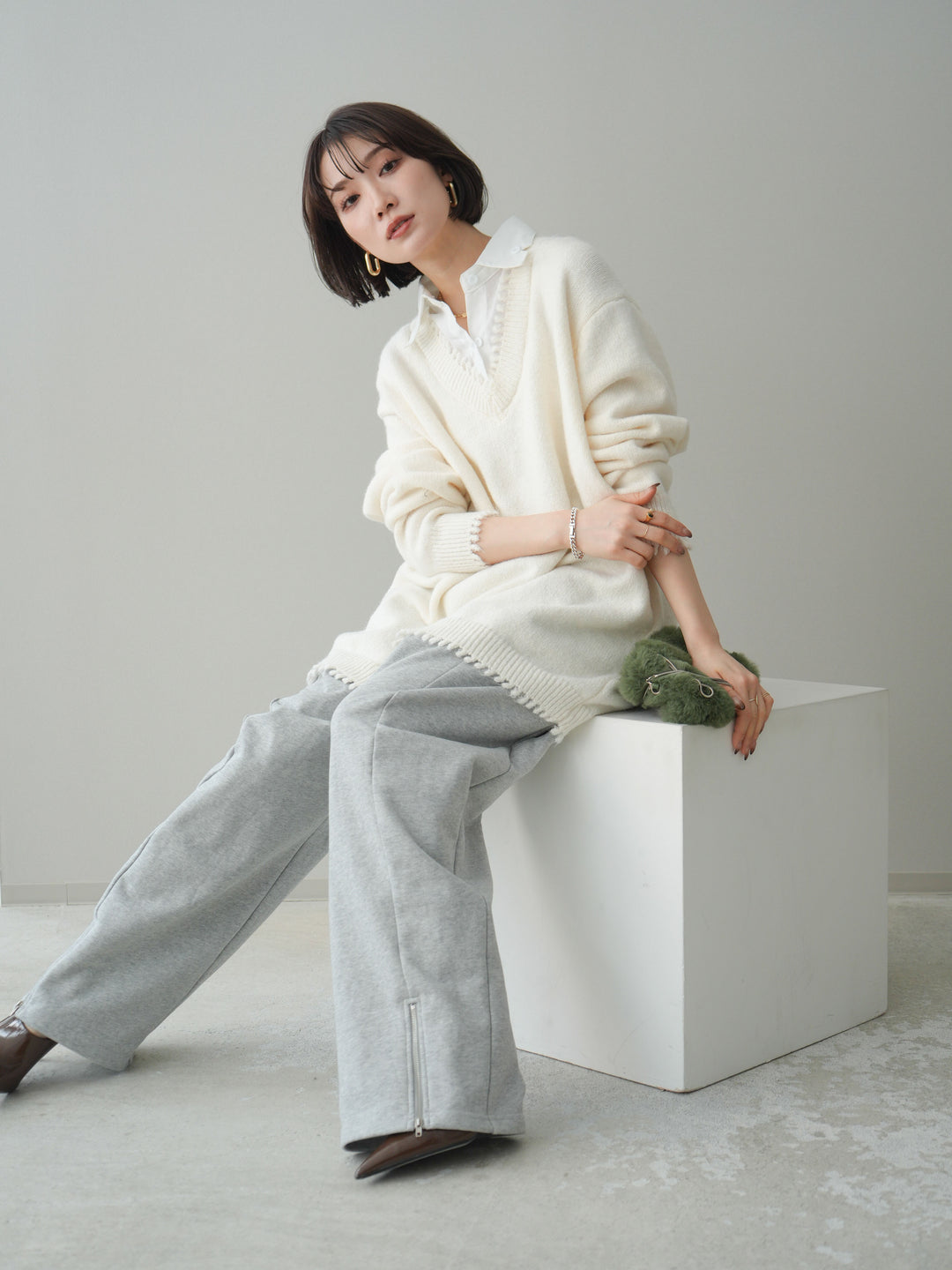 [SET]シャツドッキングVネックフリンジニットプルオーバー+選べるアクセセット(2set)