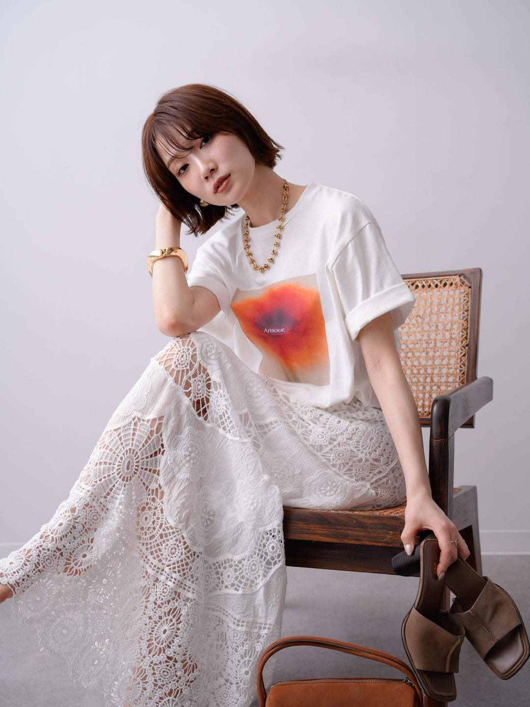 [SET]ニュアンスフローラルフォトTEE+クロシェマキシスカート(2set)