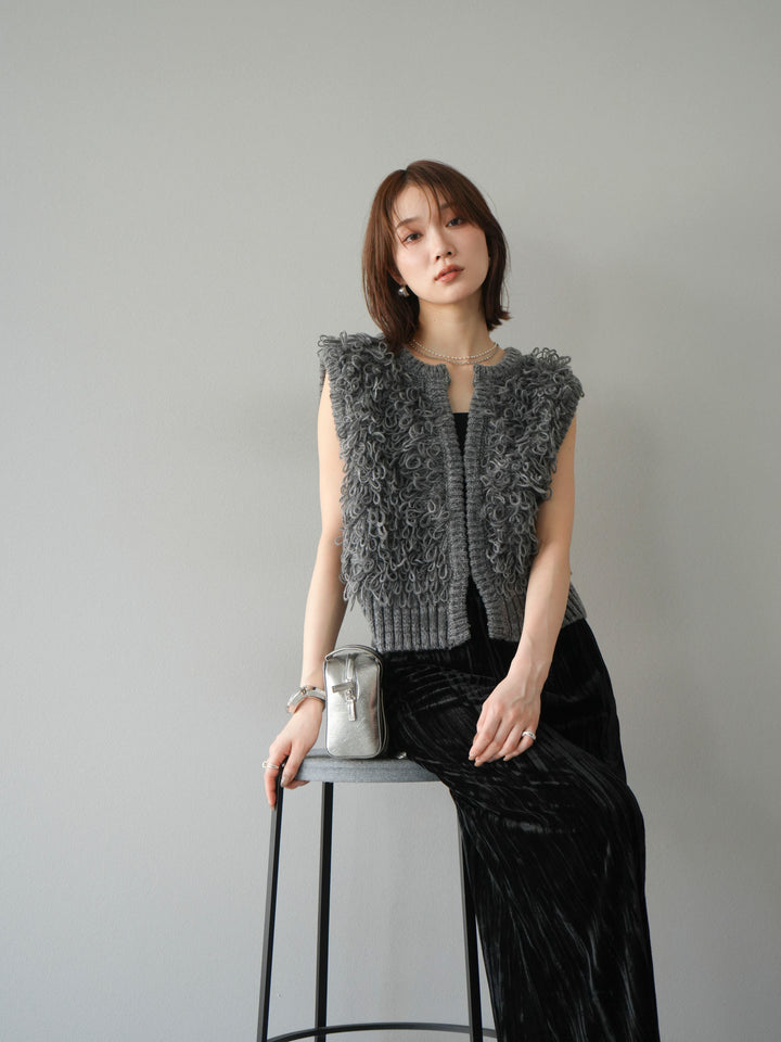 [SET]レザー襟オンブレチェックオーバーシャツ +ループデザインホックベスト +クラッシュベロアナロースカート(3set)