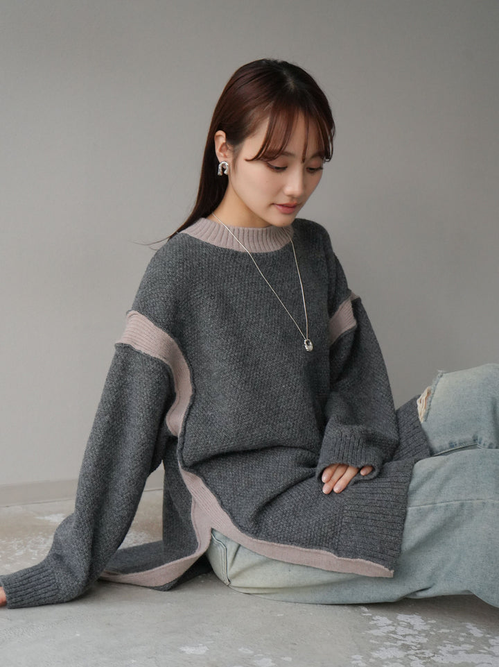 【預訂】側開衩拼色針織套頭衫/炭灰