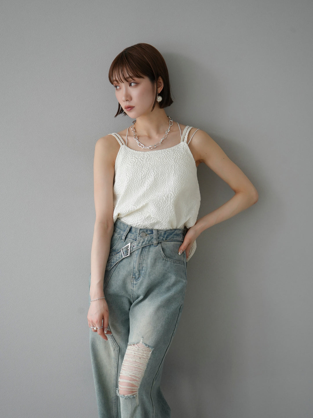 [Pre-order] Puffy Jacquard Double Strap Camisole/Ivory