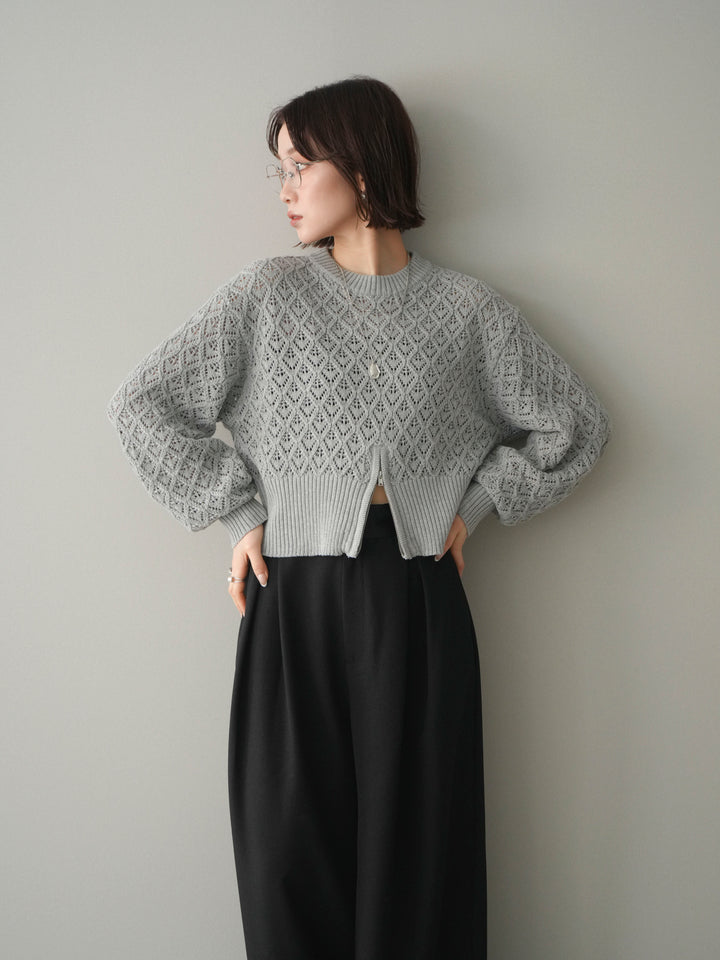 [予約]透かし編みフロントジップスリットニットプルオーバー/gray