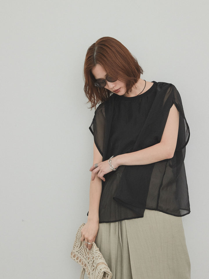 [SET]コンパクトスムースシアーレイヤードトップス+ワッシャーサテンレイヤードスカートパンツ(2set)