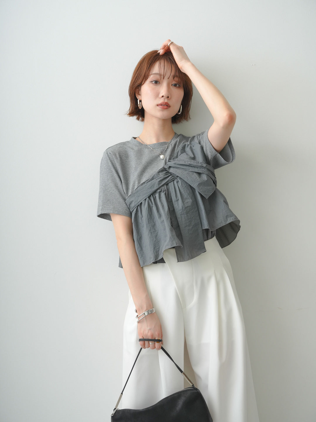 [SET]ナイロンドッキングツイストTEE +アシンメトリーベルトタックワイドパンツ(2set)