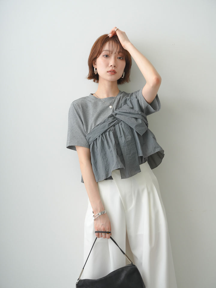 [SET]ナイロンドッキングツイストTEE +アシンメトリーベルトタックワイドパンツ(2set)