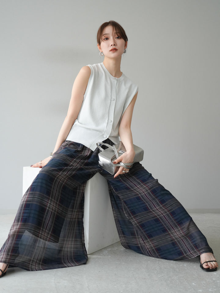 [SET] 金銀絲針織背心 + 透視格紋寬鬆褲 (2 件套)