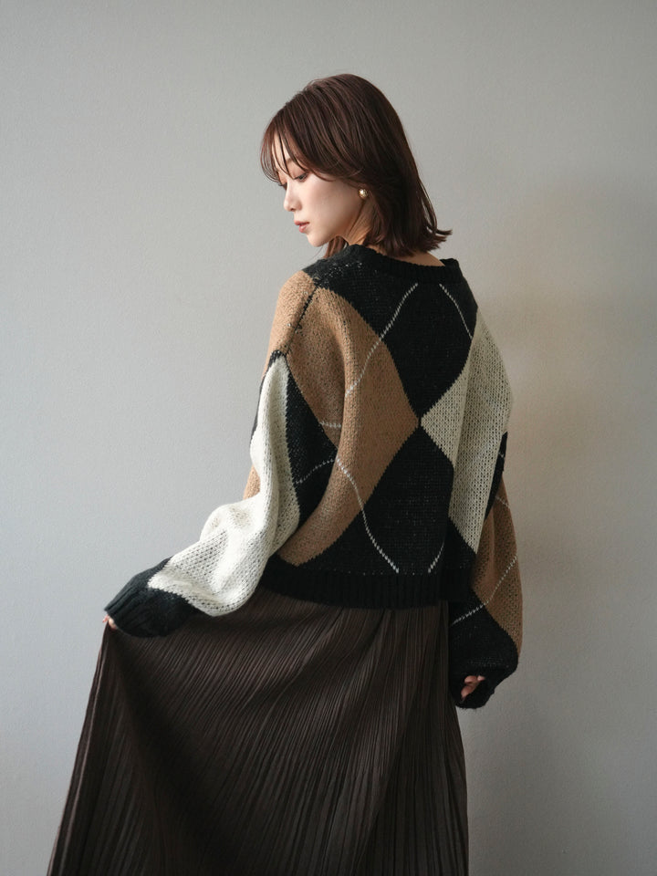 [SET]配色ステッチアーガイル柄ニットプルオーバー+裾レーススウェードプリーツマキシスカート(2set)