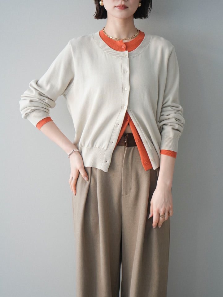 [予約]配色レイヤードコットンアクリルニットカーディガン/ivory