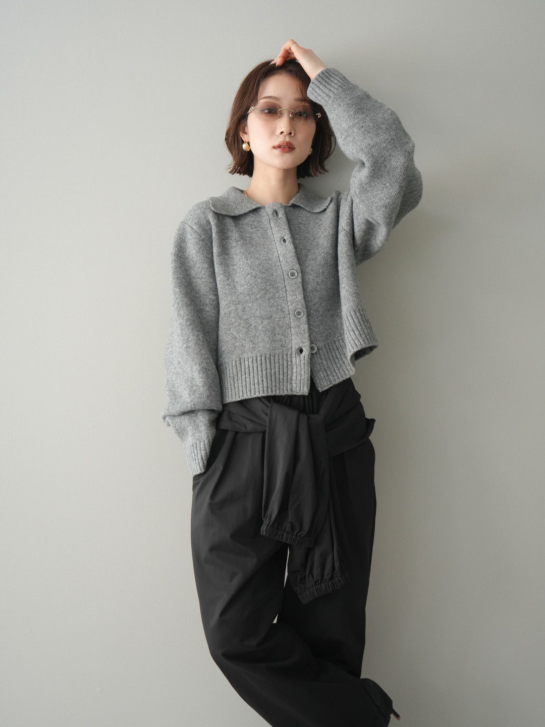 [予約]メランジニット襟付きクロップドカーディガン/gray