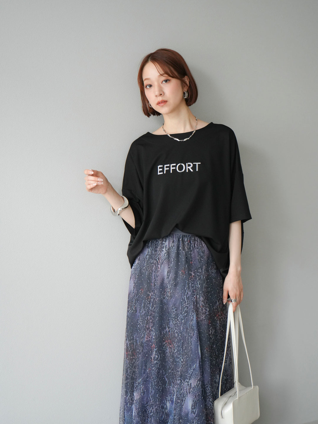 [予約]異素材メタリックロゴ刺繍×プリントTシャツ/ブラック