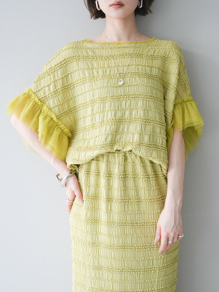 [SET]チュール袖リップルトップス+リップルIラインスカート(2set)