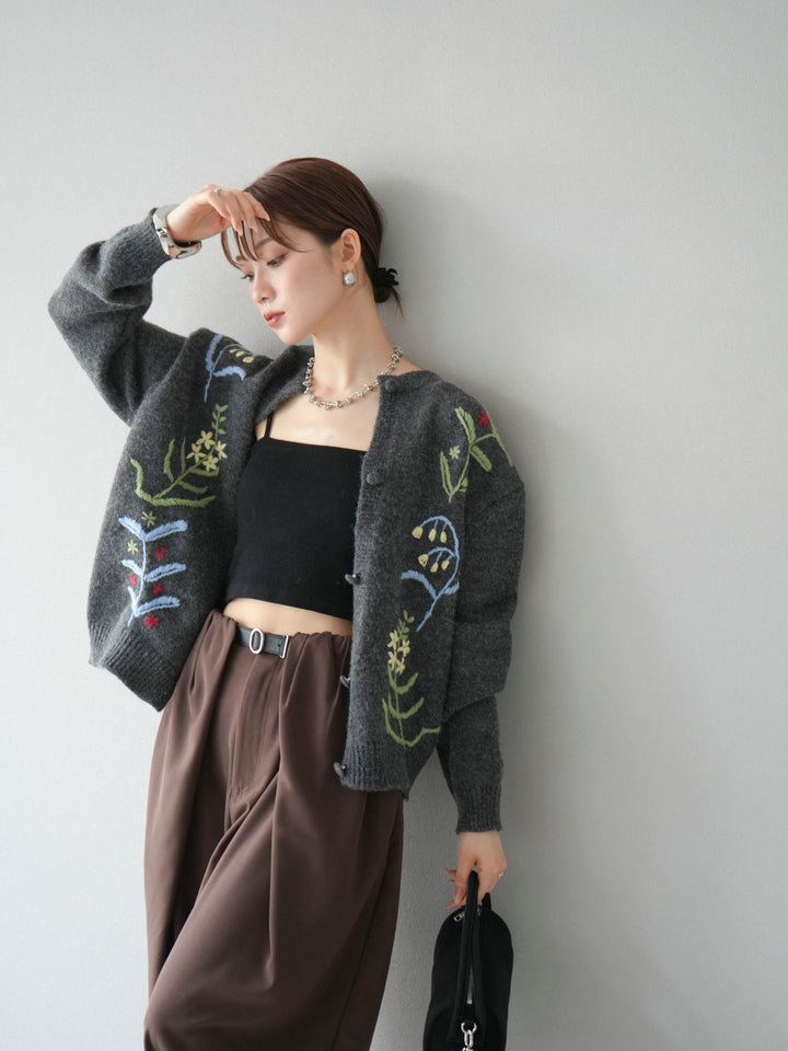 [SET]フラワー刺繍ニットカーディガン+ベルト付タックワイドパンツ(2set)