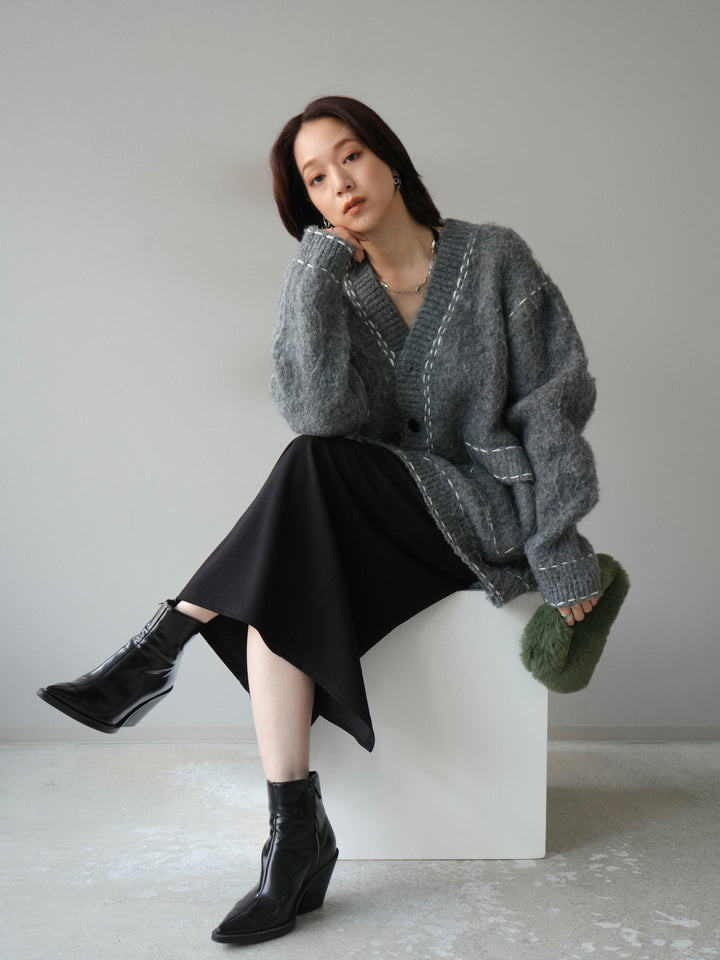 [予約]ステッチVネックニットカーディガン/グレー