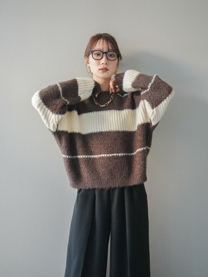 [予約]ネップヤーンボーダーニットプルオーバー/brown