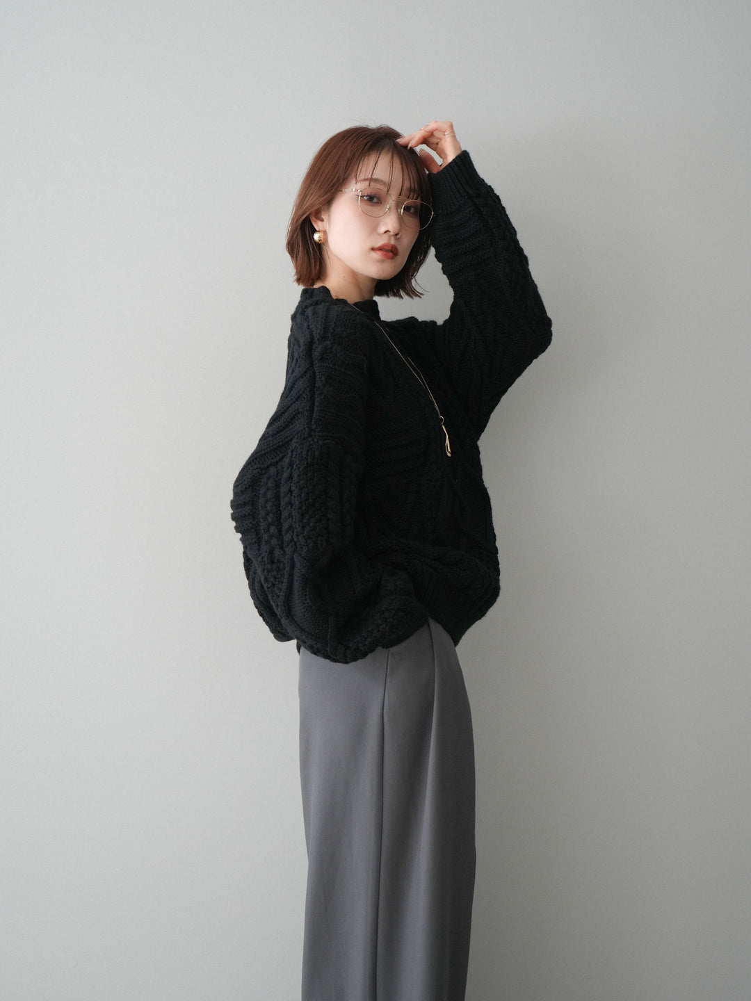 [SET]ケーブル編みモックネックニットプルオーバー+ベルトループデザインワイドパンツ(2set)