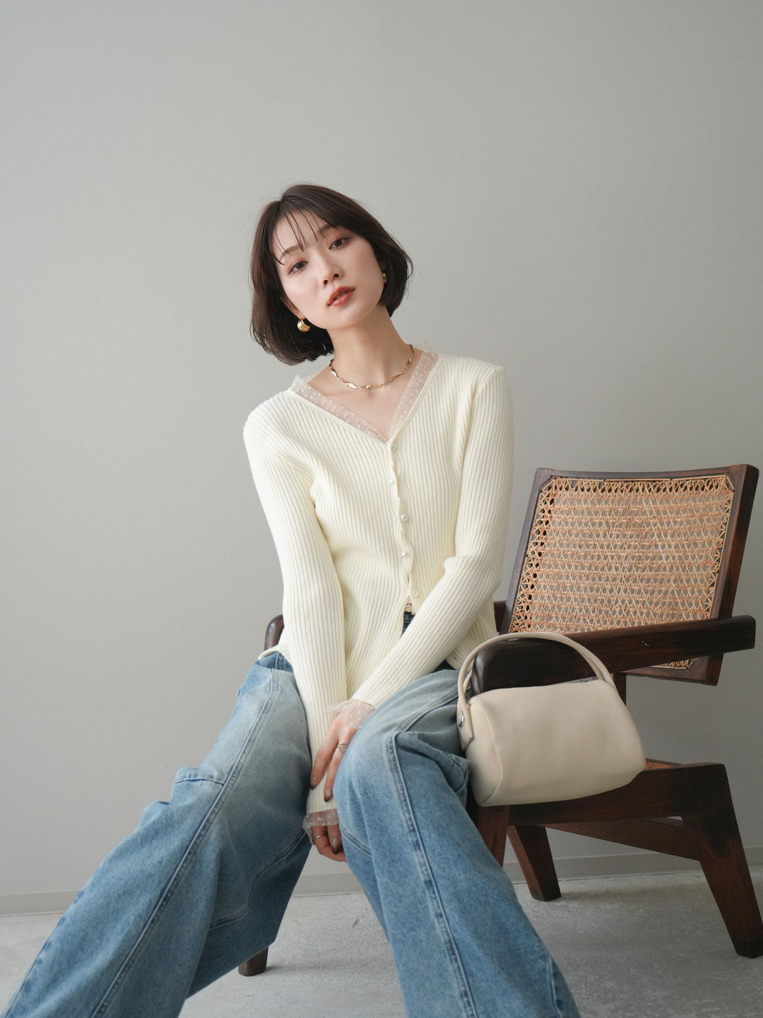 [SET]チュールドッキングパールボタンニットカーディガン+選べるアクセセット(2set)