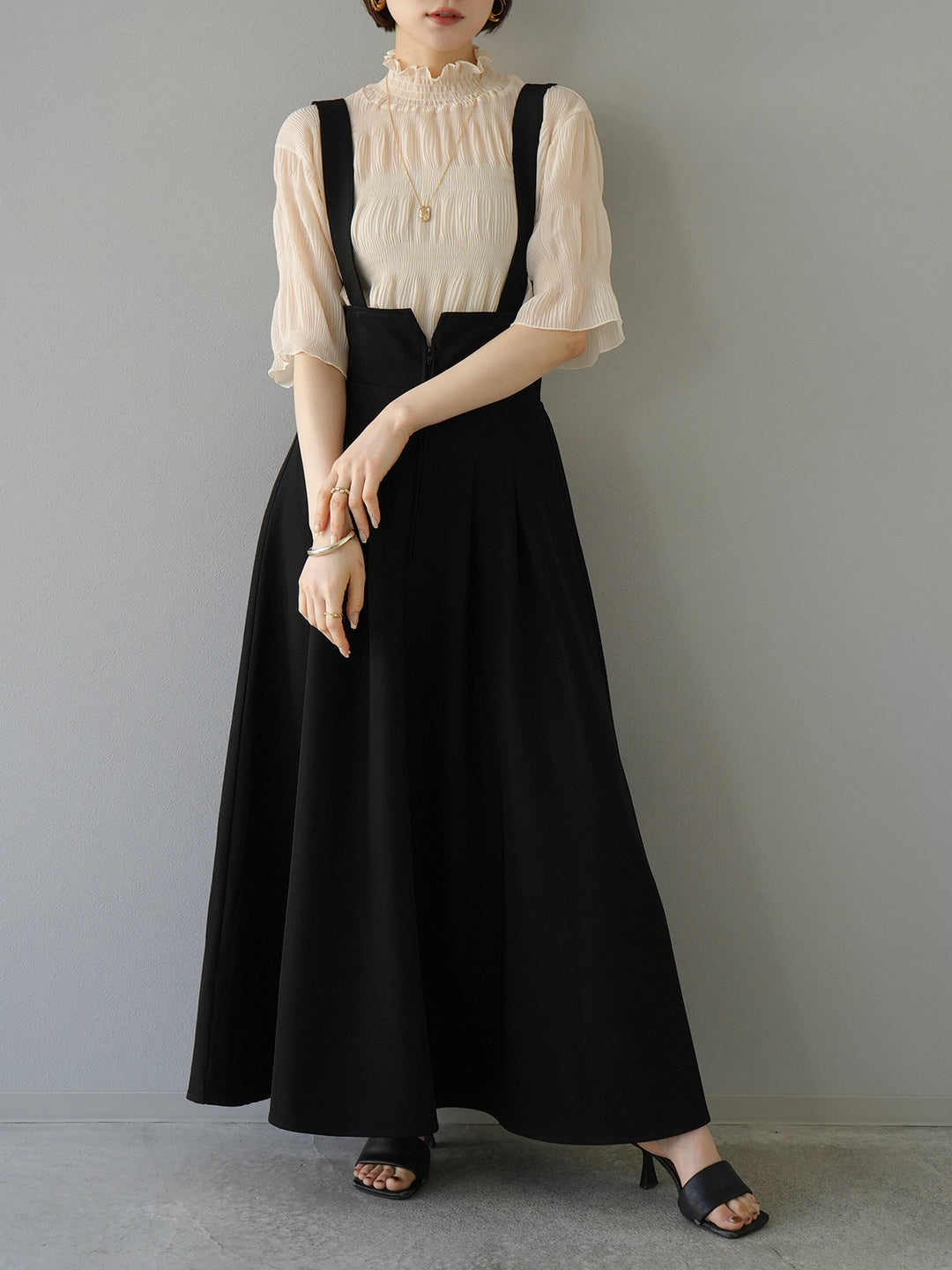 [SET] Shirring chiffon half sleeve blouse + 2WAY flare jumper skirt (2set)