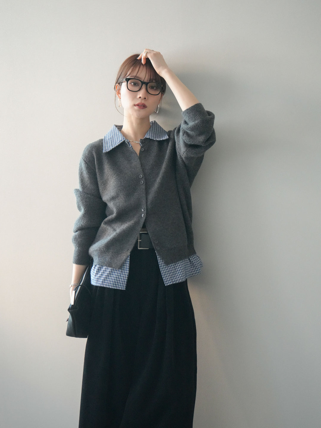 [SET]チェックシャツ襟ニットカーディガン+ベルトデザインループコールテンワイドパンツ(ベルト付き)(2set)