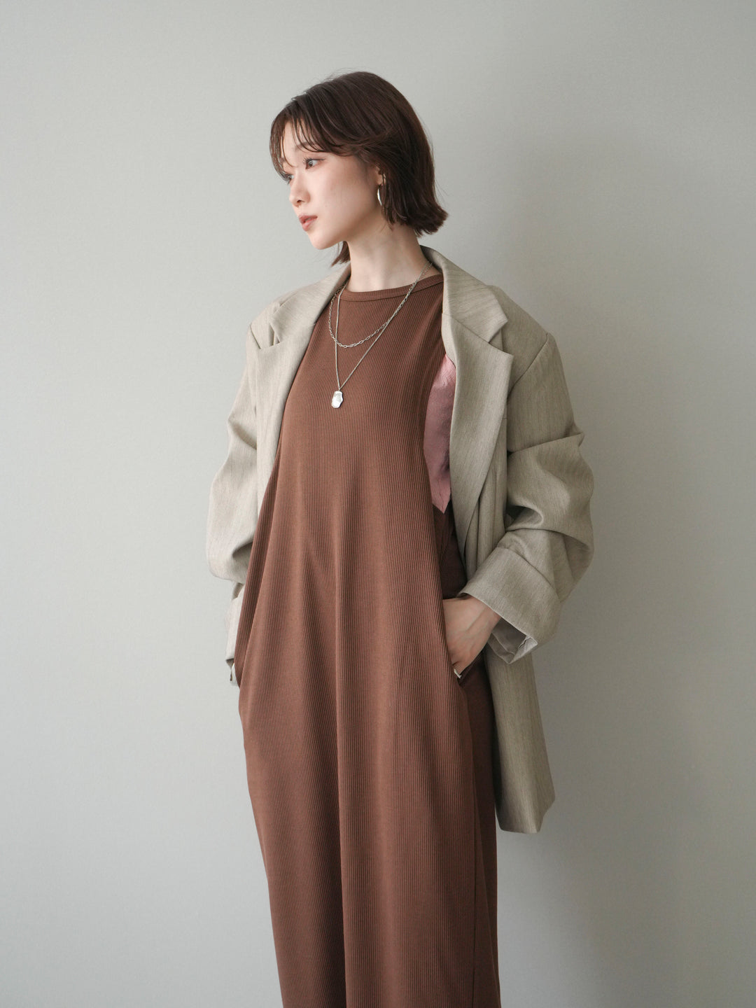 [予約]バイカラーレイヤードノースリーブワンピース/brown