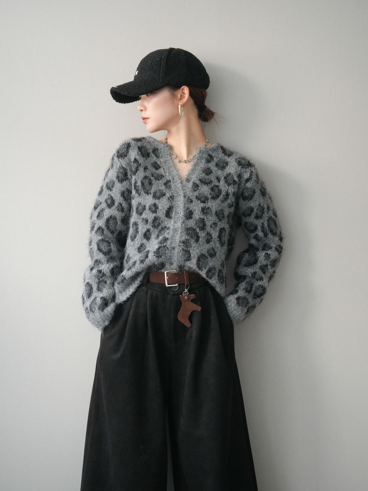 [SET]モヘアタッチレオパード柄ニットカーディガン+モチーフベルト付スエードタックワイドパンツ(2set)