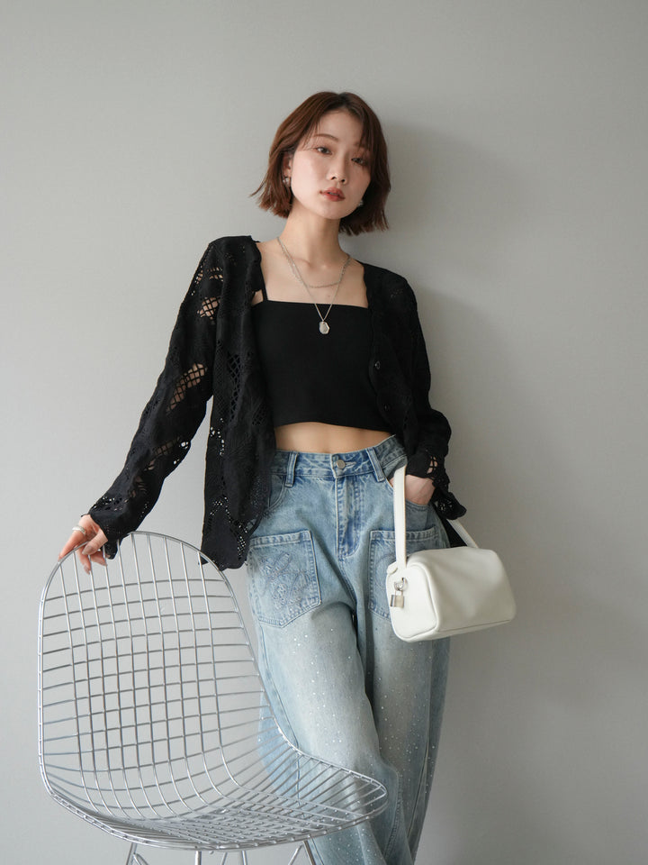 【套裝】3D蕾絲荷葉邊上衣+前口袋串珠闊腿牛仔褲（兩件套）