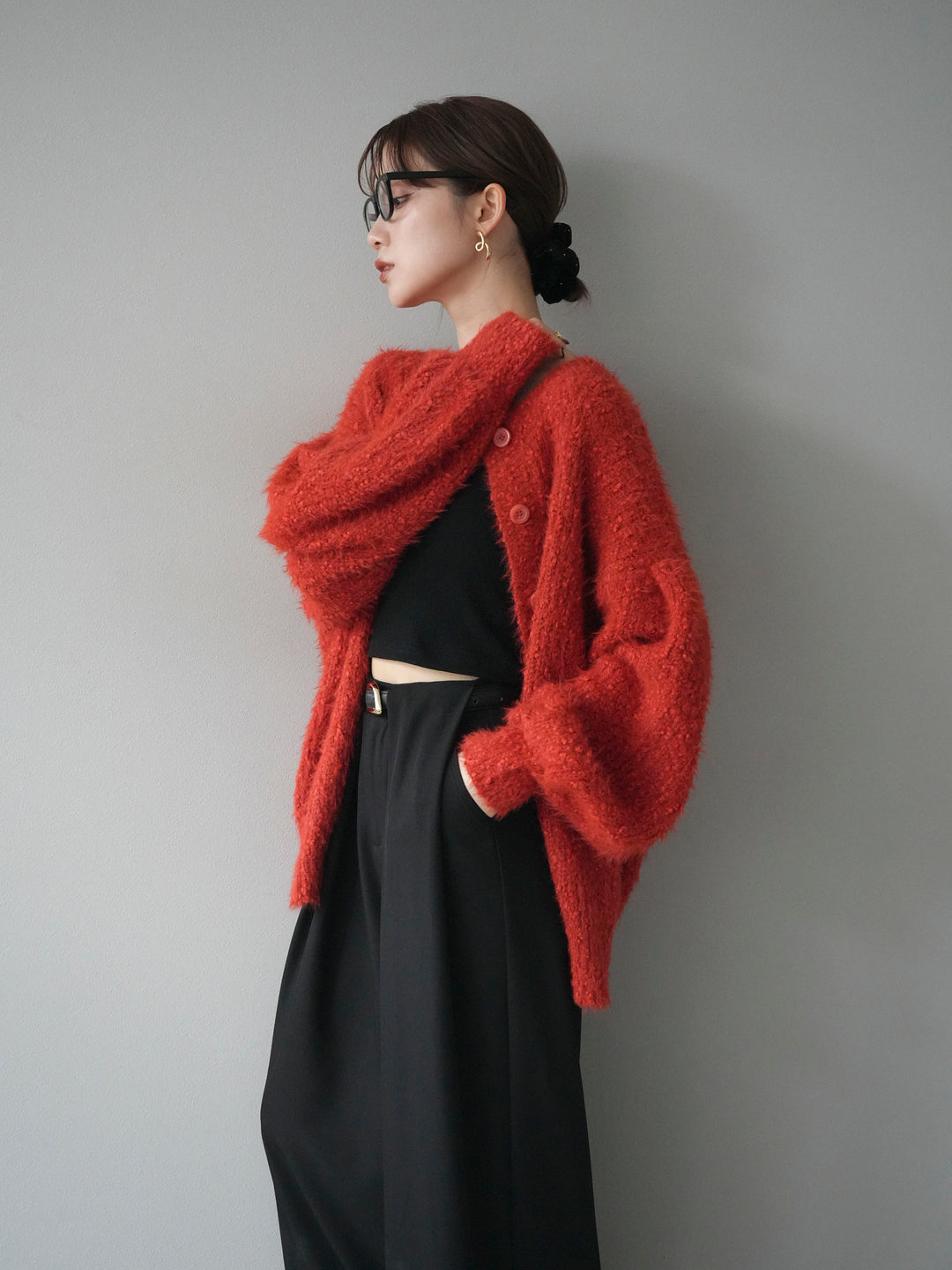 [予約]クルーネックランダムシャギーカーディガン/レッド