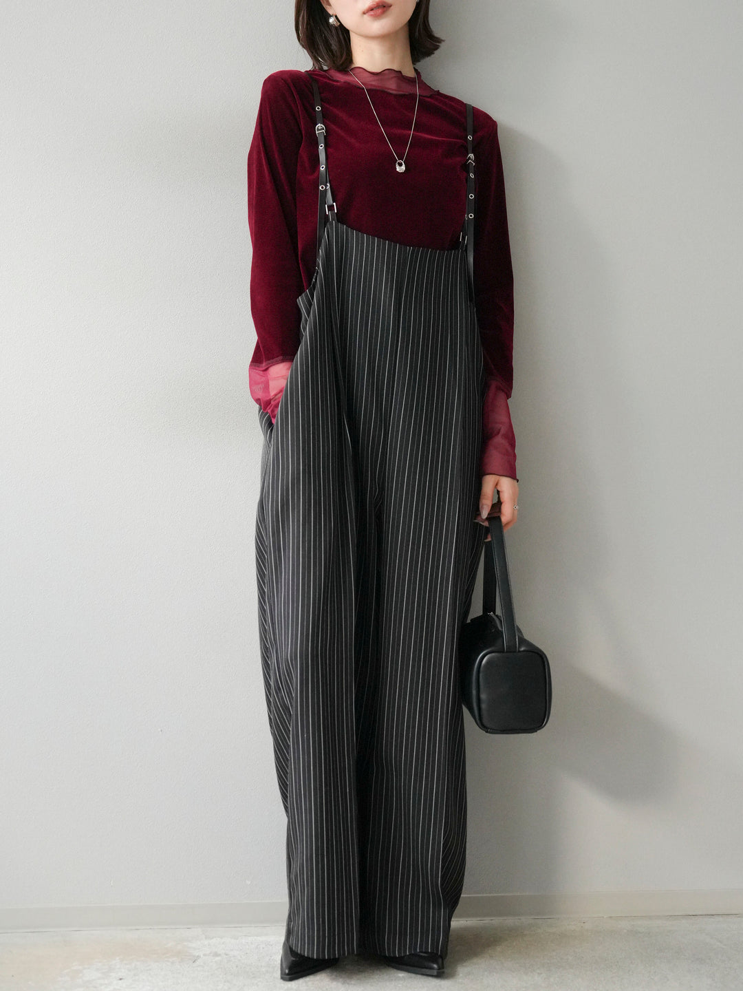 【着回しセット】[SET]ヘリンボーンストライプジレ+シアー切替ベロアトップス+ヘリンボーンストライプサロペット(3set)