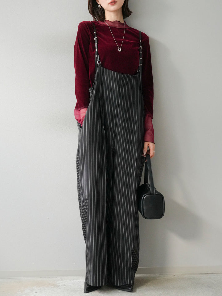 【着回しセット】[SET]ヘリンボーンストライプジレ+シアー切替ベロアトップス+ヘリンボーンストライプサロペット(3set)