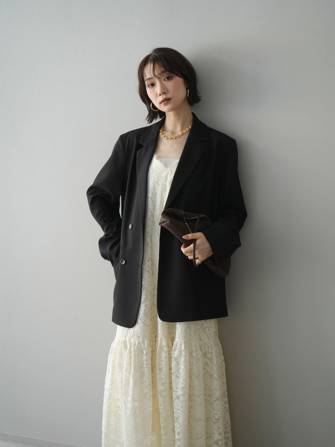 [SET]ギャザー切替レースキャミワンピース+ダブルブレストオーバージャケット(2set)